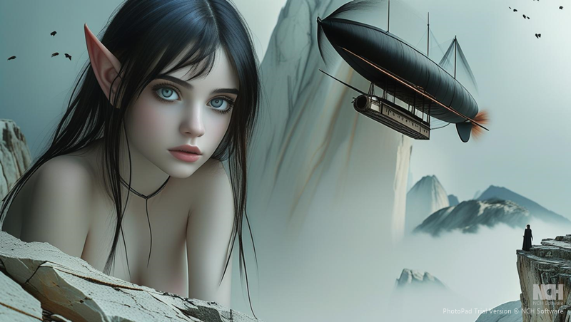 Elf girl with an airship in the background mountains