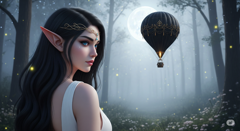 Elf girl with dark hair in a moonlit forest with a hot air balloon