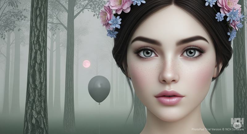 Ethereal portrait of a girl with pink and blue flowers in her hair