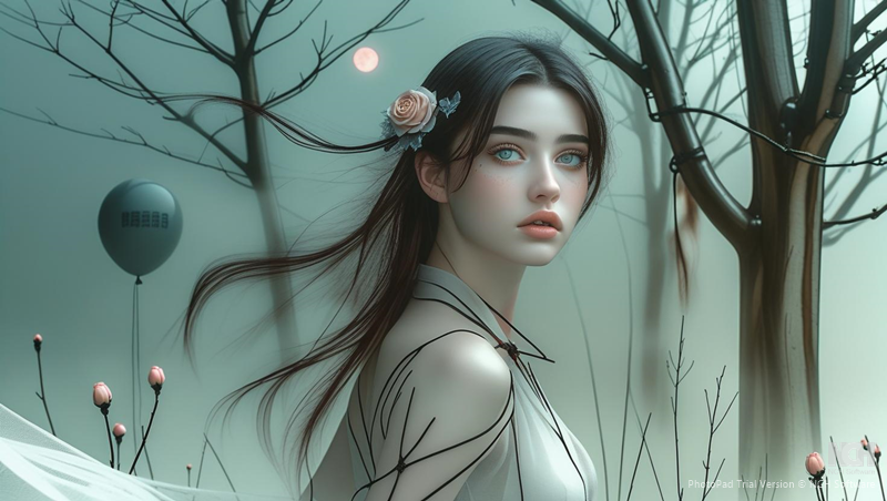 Ethereal portrait of a woman with a single rose in her dark hair