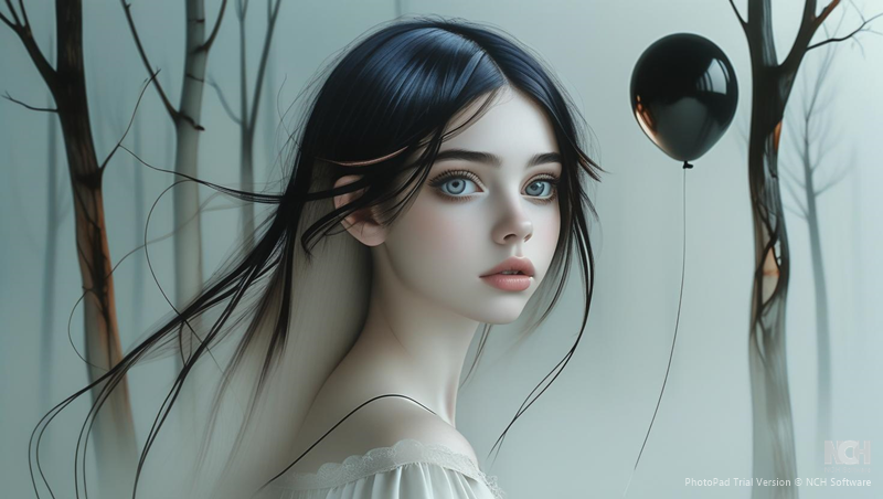 Ethereal portrait of a girl with wide, striking blue eyes