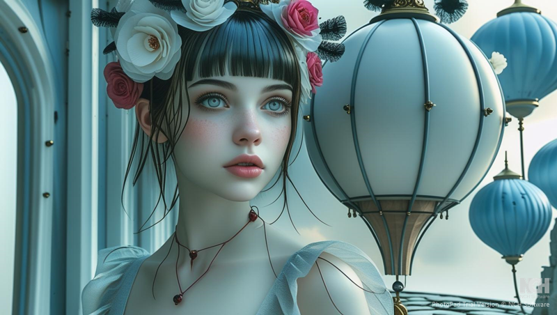 Gothgirl in wonderland with blue lanterns in the background