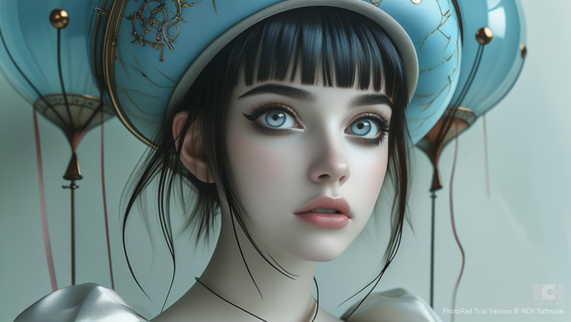 Gothgirl in wonderland with a vintage cyan blue hat