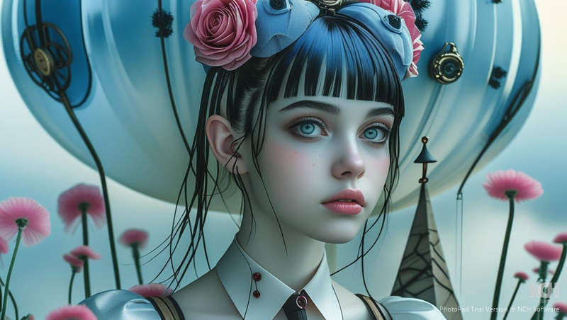 Gothgirl in wonderland with pink roses in her hair