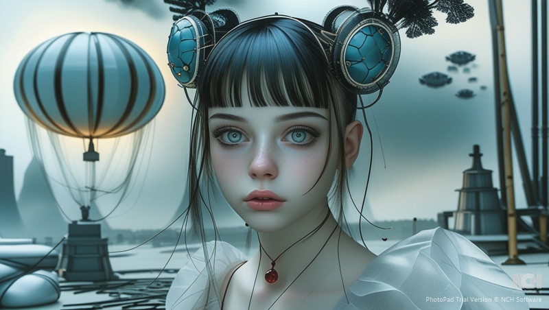 Gothgirl in wonderland in a sci-fi landscape with a hot air balloon