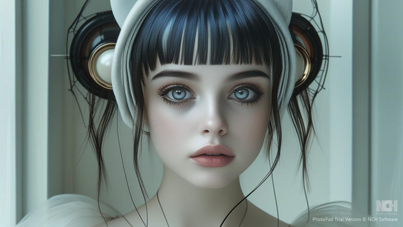 Gothgirl in wonderland with white earmuffs over her hair buns